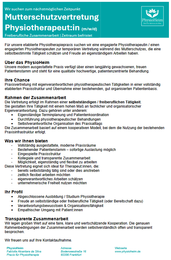 Mutterschutzvertretuung im PhysioHeim